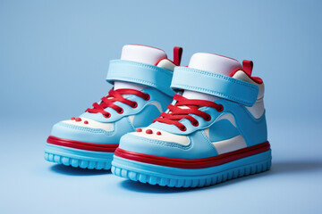 Read children's blue sneakers with red laces on a blue background