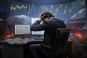 Wall Mural - A man stares at a computer screen, his face filled with despair. He has just lost a lot of money in the cryptocurrency market and is not sure what to do next