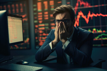 Wall Mural - A distressed investor stares at the bearish trading patterns, illustrating the disappointment in financial losses, highlighting the unpredictability of markets and the need for risk management
