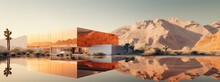 Futuristic Two-story House With Completely Mirrored Upper Floor Facade Modular Structure With A Huge Swimming Pool That Reflects The House And The Arid Desert Landscape. Real Estate Concept