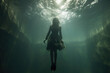 An ethereal underwater moment captured with a woman in exquisite attire, the play of light and shadows accentuating the beauty of her submerged garments