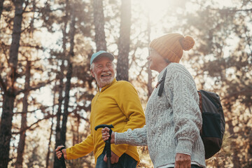 portrait close up head shot of one cheerful smiling middle age woman walking with her husband enjoyi