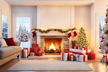 Christmas interior. magical glowing tree, fireplace, gifts in the living room