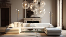 Living Room With A Sleek White Sofa And A Glass Dining Table And A Modern Chandelier