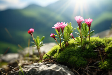 Small wild mountain flowers close up with soft background