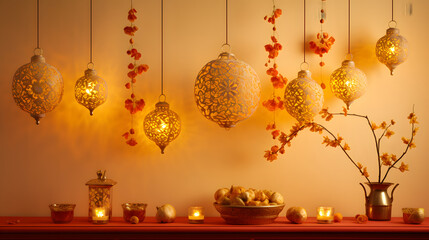 Highlight the ornate decorations that adorn homes during Diwali. Photograph detailed elements like torans, marigold garlands, and intricate wall art. Ideal for home and interior design concepts.