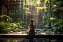 Serene Solitude: Woman In Contemplative Pose Within Green, Zen-inspired Garden