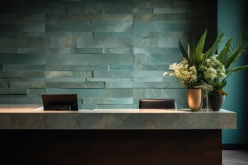 Aufkleber - Contemporary spa reception space, minimalist design elements, bathed cool lighting Turquoise colors