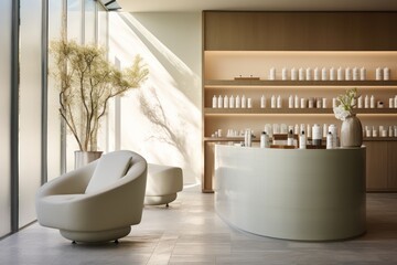 Leinwandbilder - Modern spa ambiance: empty reception space, minimalist counter aesthetics, complemented lighting