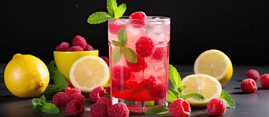 Poster - Refreshing cold drink with berries and lemon like raspberry lemonade With copyspace for text