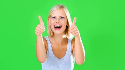 Wall Mural - Green screen, happy woman and face for thumbs up, success and winning bonus promotion on studio background. Portrait, excited model and like sign of emoji, yes feedback and vote to support excellence