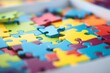 Close-up colorful puzzles with room for text, promoting children's health and autism awareness. Generative AI