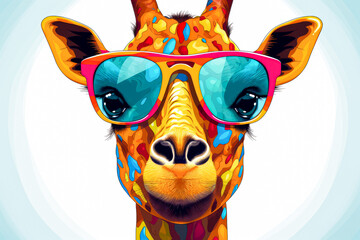 Wall Mural - Fashion illustration of giraffe wearing sunglasses with colorful splashes.