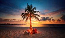 Palm Tree In Christmas Decoration With Presents On Exotic Beach At Night