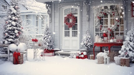 A snow-covered house on the street decorated with New Year's toys for Christmas.