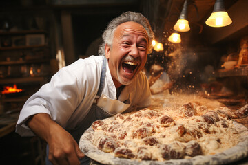 cheerful pizzaiolo tossing dough in alien marketplace under two moons.
