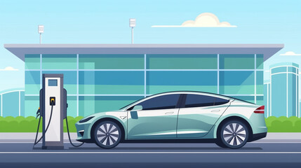 Wall Mural - copy space, flat 2D vector illustration, hand drawn, copy space, electric cars charging at Modern fast electric vehicle chargers in carpark. Green energy, renewable energy, sustainable energy. Electri