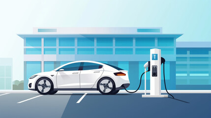 Wall Mural - copy space, flat 2D vector illustration, hand drawn, copy space, electric cars charging at Modern fast electric vehicle chargers in carpark. Green energy, renewable energy, sustainable energy. Electri