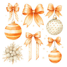Set Of Christmas Decorations Peach And Pale Yellow Orange Watercolor Vectors