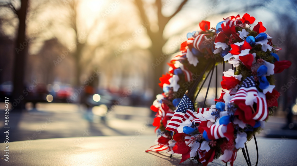 A red, white, and blue wreath placed at the base of a statue honoring ...