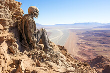 Human Skeleton On A Rocky Outcrop In The Atacama Desert.