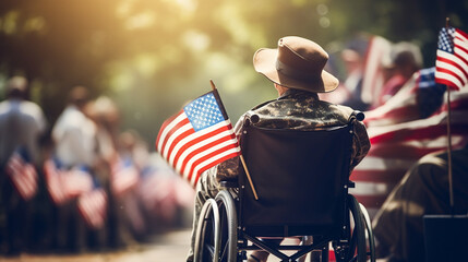 A salute from a veteran in a wheelchair during a patriotic event, blurred background