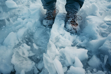 Close up generative AI photo of feet of man with brown leather boots in the snow