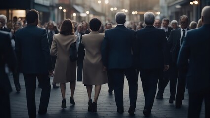 Wall Mural - Back view large group of business people celebrating in the street