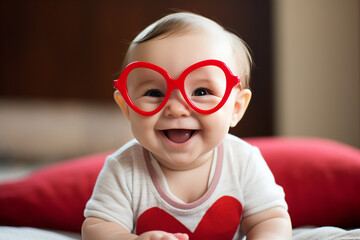 Wall Mural - Portrait of adorable beautiful baby in big stylish red glasses having fun celebrating valentine day generative AI technology