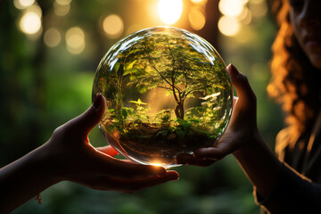Wall Mural - close up of a womans hands holding a glass globe with tree. generative ai