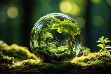 Wall Mural - close up of a glass globe with tree. generative ai