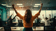 © OP38Studio - Happy businesswoman celebrates success with team and confetti in office, generative ai