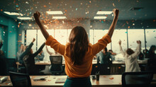 Happy businesswoman celebrates success with team and confetti in office, generative ai