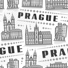 Vector Prague Seamless Pattern, square repeating background with illustration of famous european prague city scape on white background, grey monochrome line art urban poster with black text prague