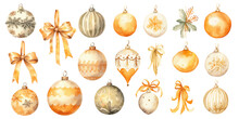 Set Of Christmas Balls And Decorations Orange Yellow Watercolor Vectors