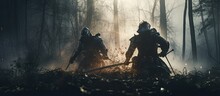 Medieval Knights Battling In A Dark Age Battlefield Amidst Mysterious Forest With Cinematic Smoke Mist And Light In A Historic Reenactment