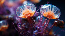 See Life Macro Concept. Beautiful Space Purple Jellyfish On Dark Background In The Sea. Vivid Wildlife Elements. Banner