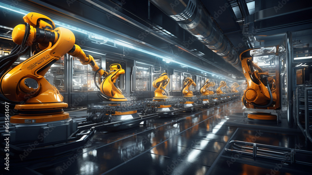 In a futuristic factory, robotic arms and conveyor belts work ...