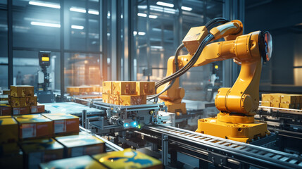 A robotic arm on a smart production line communicates with a drone to optimize product packaging and logistics, emphasizing the efficiency of interconnected systems. 