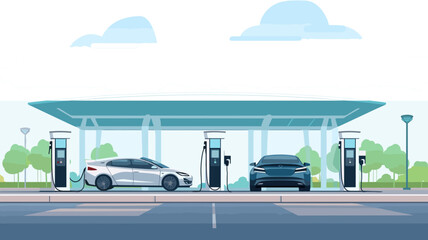 copy space, flat 2D vector illustration, hand drawn, copy space, electric cars charging at Modern fast electric vehicle chargers in carpark. Green energy, renewable energy, sustainable energy. Electri