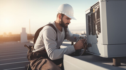 Canvas Print - Air Conditioning Repair, repairman on the rooftop fixing air conditioning system.