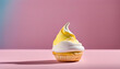 Side view of one meringue on a colorful pink background.