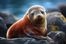 A Beautiful Seal From The Phocidae Family Resting On A Rock, Showcasing Its Luxurious Fluffy Coat And Displaying Inquisitive Eyes. Generative AI