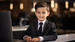 © Studio Nova - Little boy portrays a businessman in a suit in the background of his office. Concept of children in adult professions.