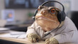 operator frog in headphones with microphone working in office