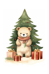 Wall Mural - Teddy bear with Christmas tree and presents isolated on a white background