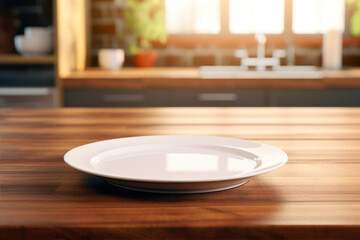 Empty plate on wooden table in kitchen, closeup. Space for text