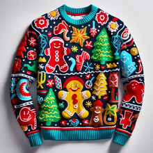 Ugly Christmas Sweater ,featuring A Mishmash Of Holiday Symbols On A White Background,