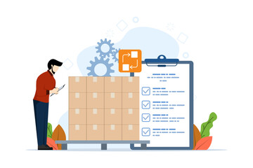 Inventory control system concept, professional manager checking inventory and stock of goods, inventory management with goods request. control of incoming and outgoing goods. Flat vector illustration.