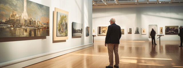 Wall Mural - Man looks at paintings in a gallery during an exhibition